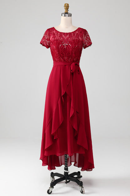 Burgundy Asymmetrical Sequin Mother of Bride Dress with Appliques