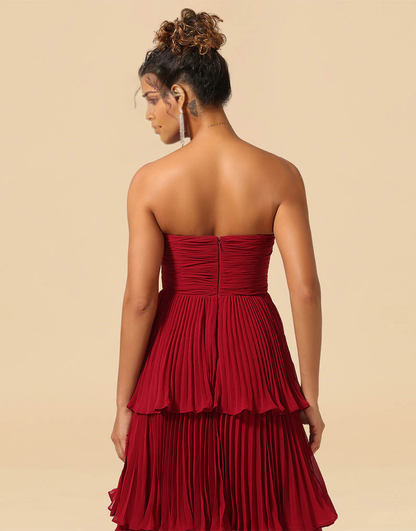 A-Line Burgundy Strapless Long Tiered Chiffon Bridesmaid Dress