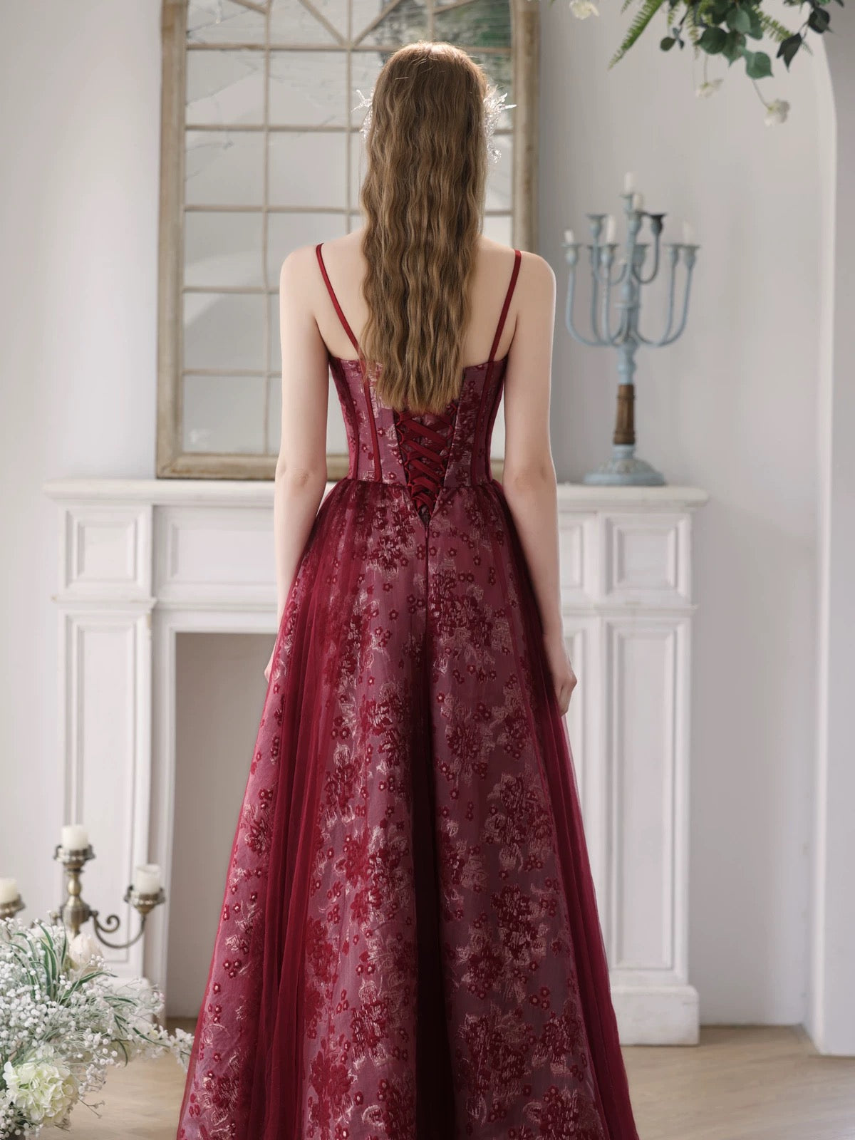 A-Line Sweetheart Neck Tulle Lace Burgundy Long Prom Dress Burgundy Long Prom Dress