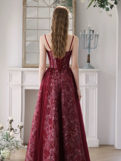 A-Line Sweetheart Neck Tulle Lace Burgundy Long Prom Dress Burgundy Long Prom Dress