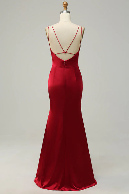 Mermaid Spaghetti Straps Satin Bridesmaid Dress with Open Back