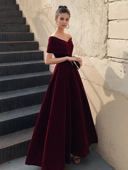 A-Line Burgundy off Shoulder Tea Length Prom Dress Burgundy Formal Dress