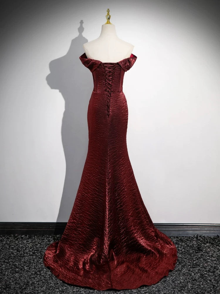 Mermaid Off Shoulder Satin Burgundy Long Prom Dress Burgundy Long Prom Dress