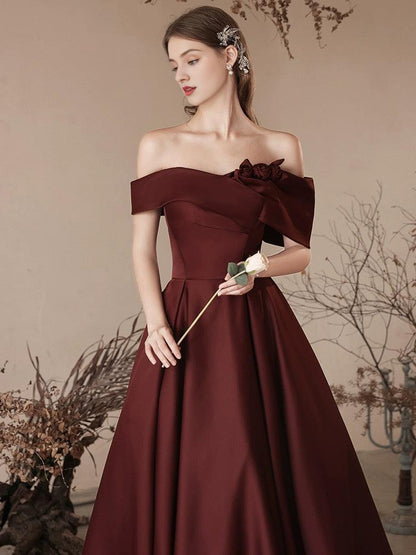 A-Line Off Shoulder Satin Burgundy Long Prom Dress Burgundy Long Formal Dress