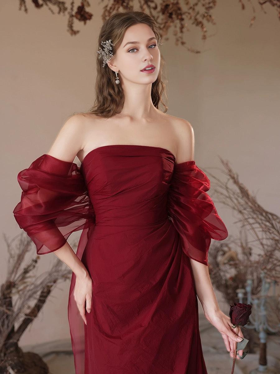 Simple Off Shoulder Satin Burgundy Long Prom Dress Burgundy Prom Dress
