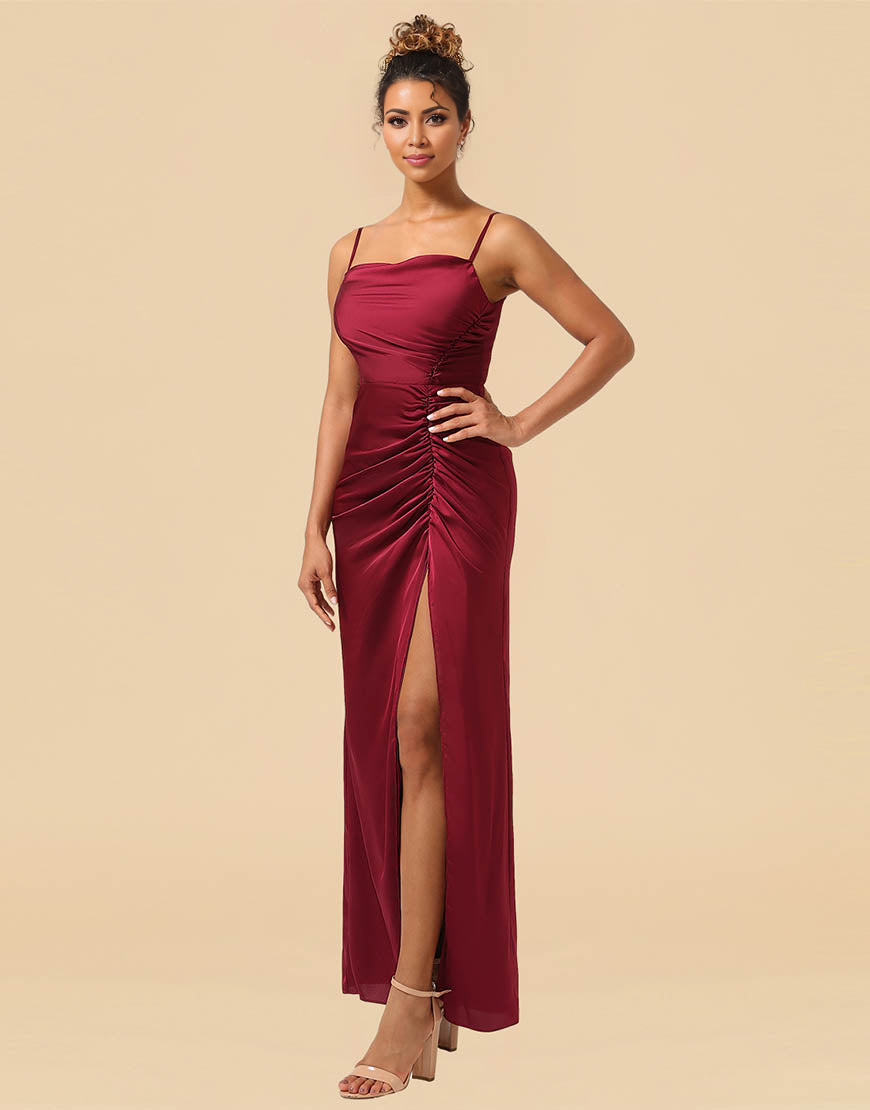 Sheath Spaghetti Straps Long Satin Bridesmaid Dress