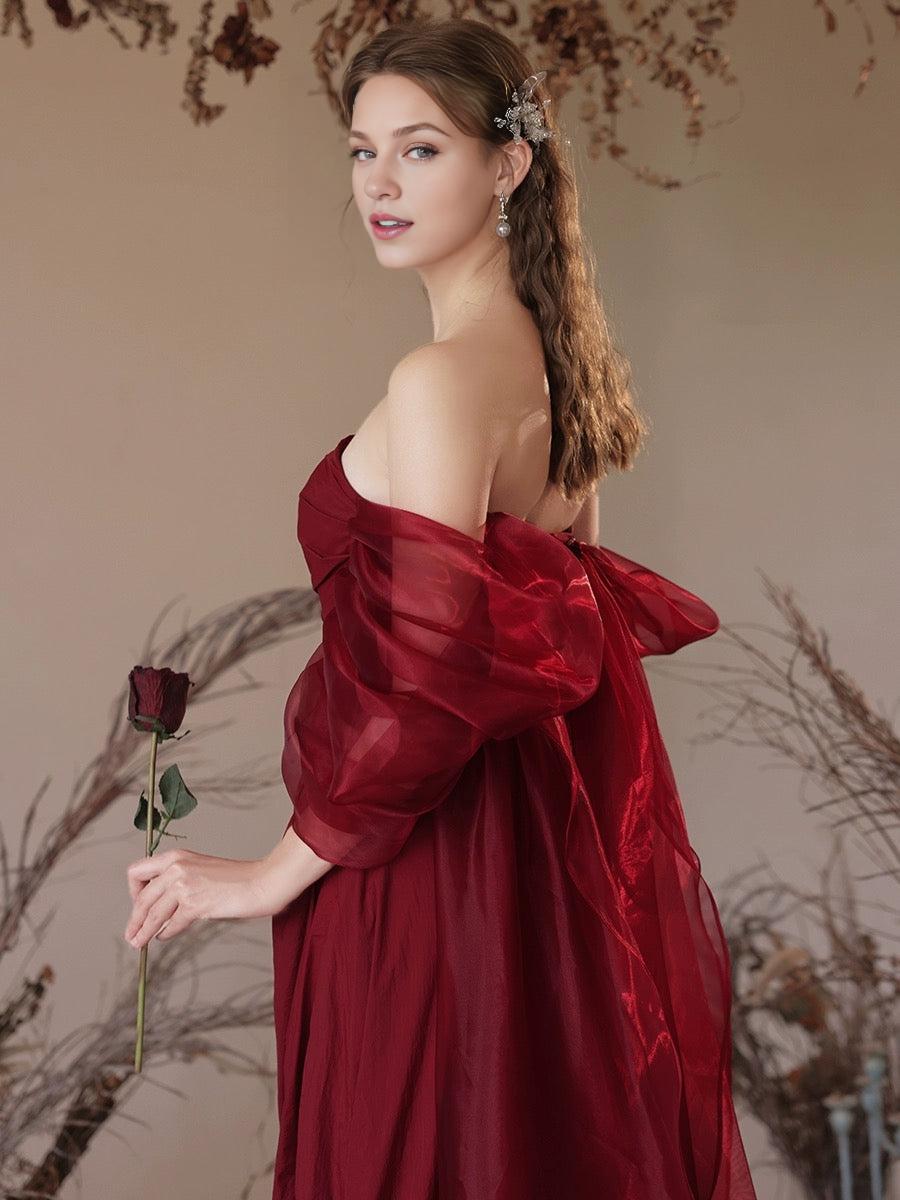 Simple Off Shoulder Satin Burgundy Long Prom Dress Burgundy Prom Dress