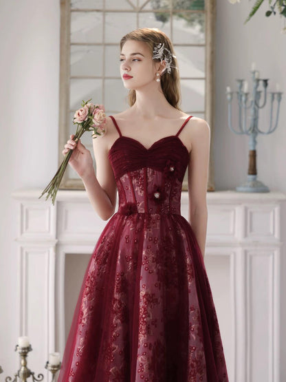 A-Line Sweetheart Neck Tulle Lace Burgundy Long Prom Dress Burgundy Long Prom Dress