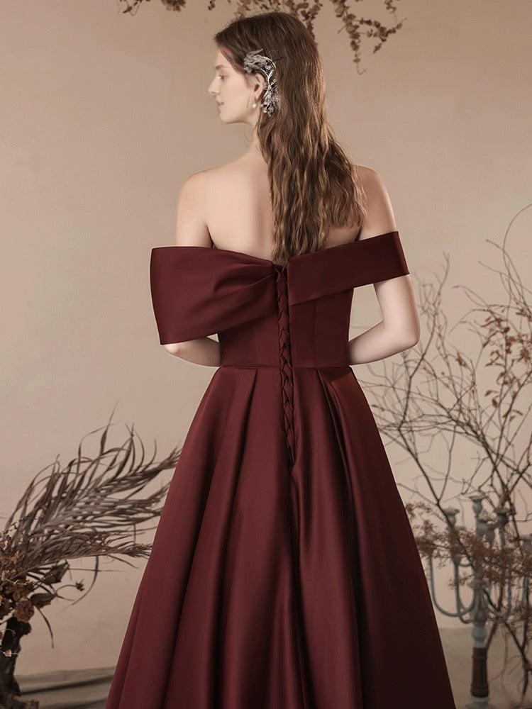 A-Line Off Shoulder Satin Burgundy Long Prom Dress Burgundy Long Formal Dress