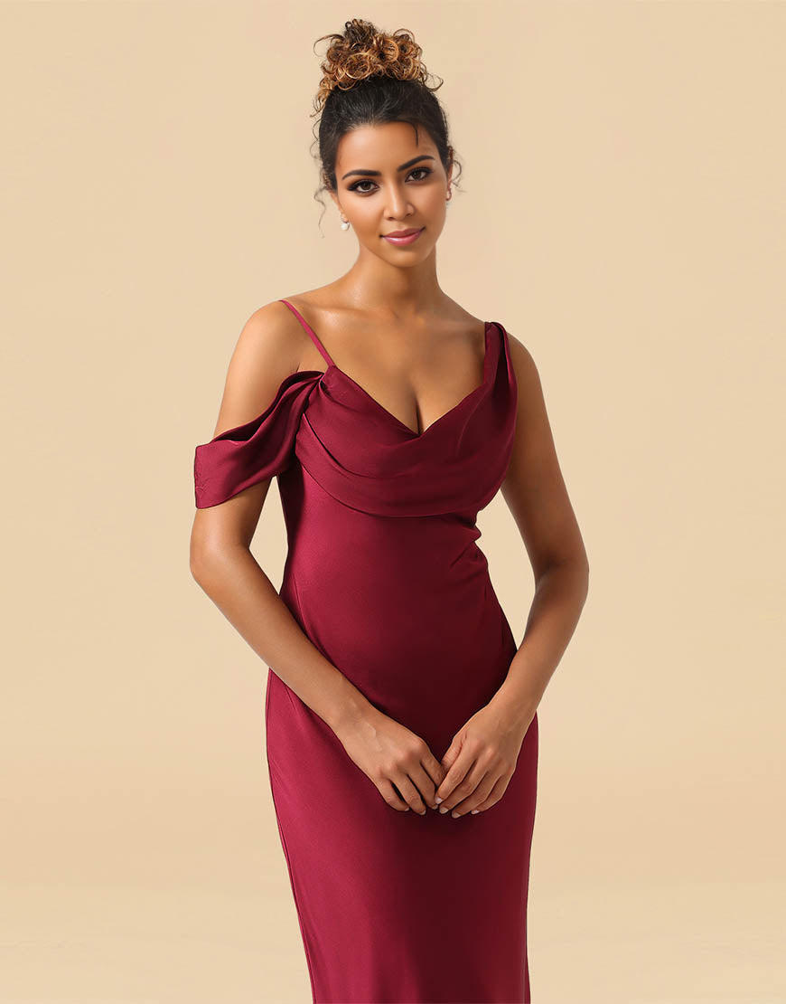 Asymmetrical Shoulder Straps Floor Length Satin Bridesmaid Dress