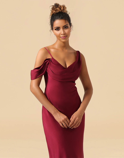 Asymmetrical Shoulder Straps Floor Length Satin Bridesmaid Dress
