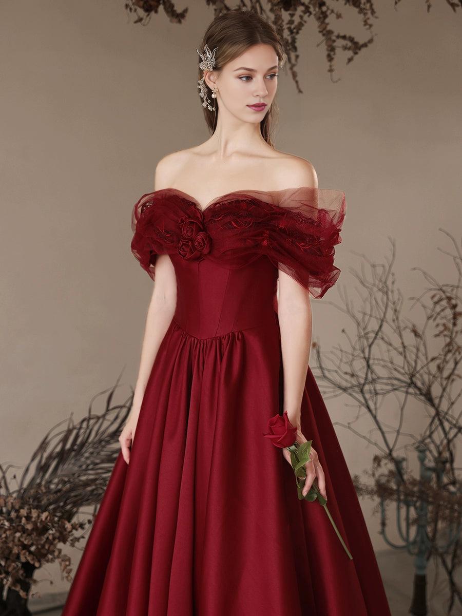 A-Line Off Shoulder Satin Burgundy Long Prom Dress Burgundy Long Formal Dress