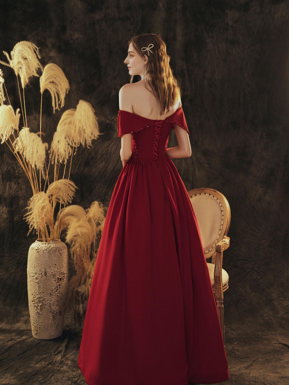 A-Line Off Shoulder Satin Burgundy Long Prom Dress Burgundy Formal Prom Dress