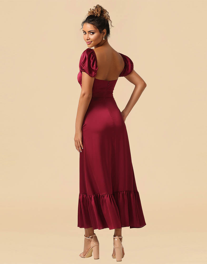 Tea Length Puff Sleeves Satin Bridesmaid Dresses With Split