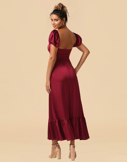 Tea Length Puff Sleeves Satin Bridesmaid Dresses With Split