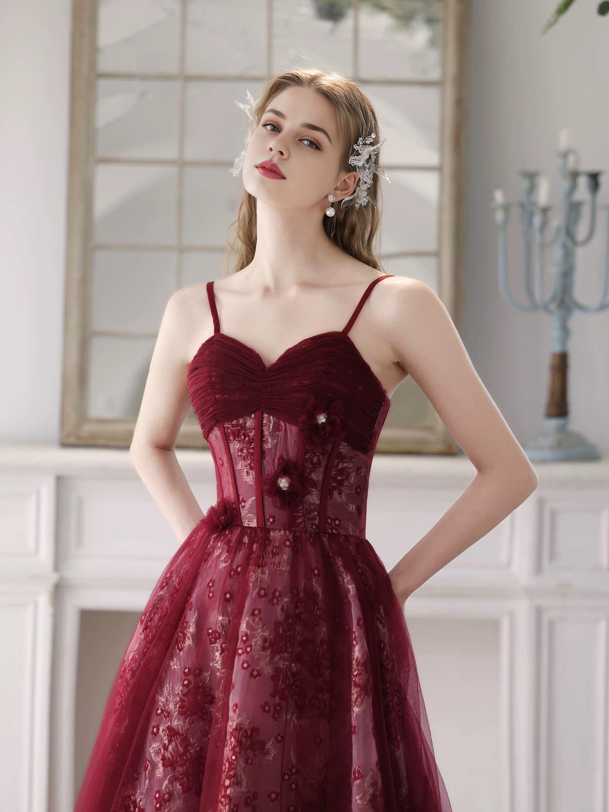 A-Line Sweetheart Neck Tulle Lace Burgundy Long Prom Dress Burgundy Long Prom Dress