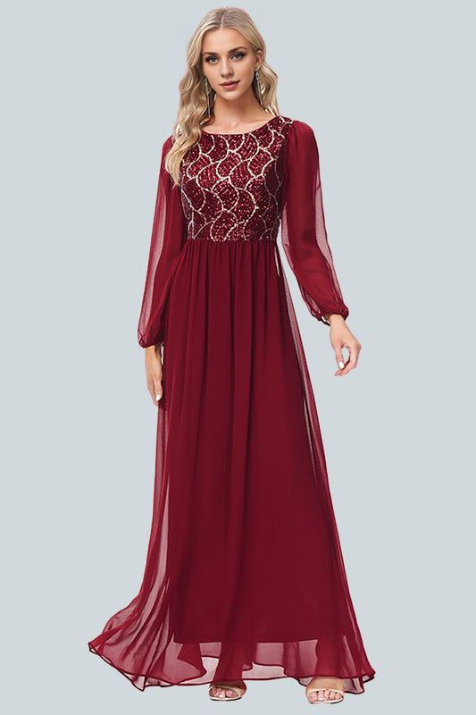 A-line Round Neck Chiffon Splicing Sequined Toast Dress Mother of the Bride Dress with Slit