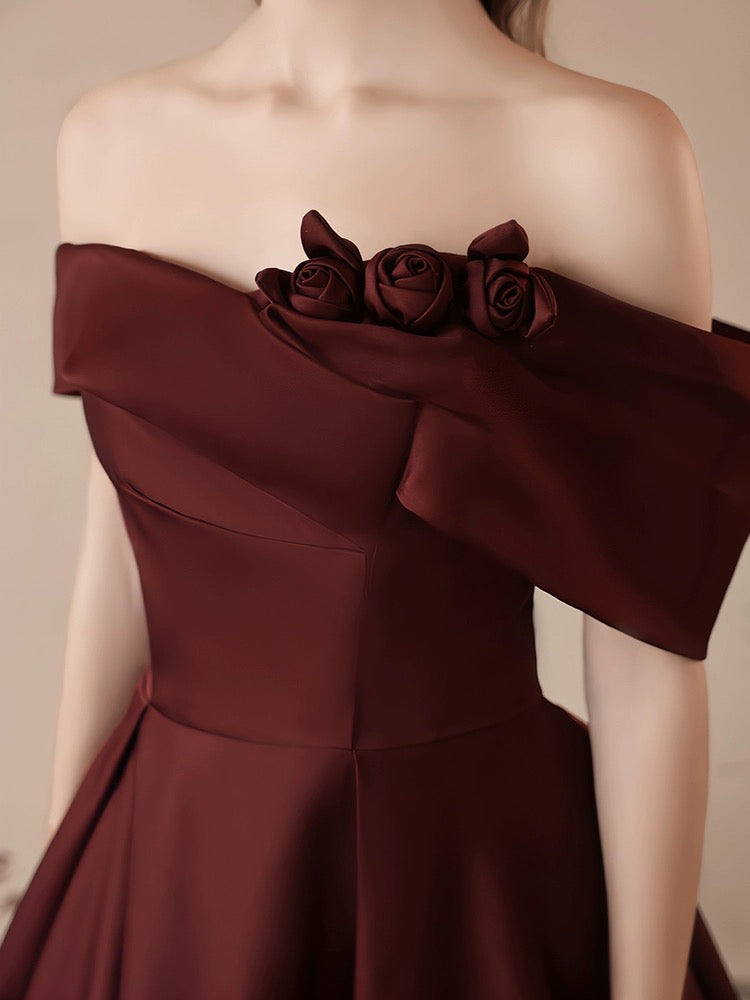 A-Line Off Shoulder Satin Burgundy Long Prom Dress Burgundy Long Formal Dress