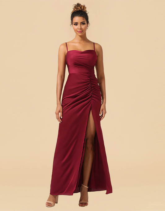 Sheath Spaghetti Straps Long Satin Bridesmaid Dress