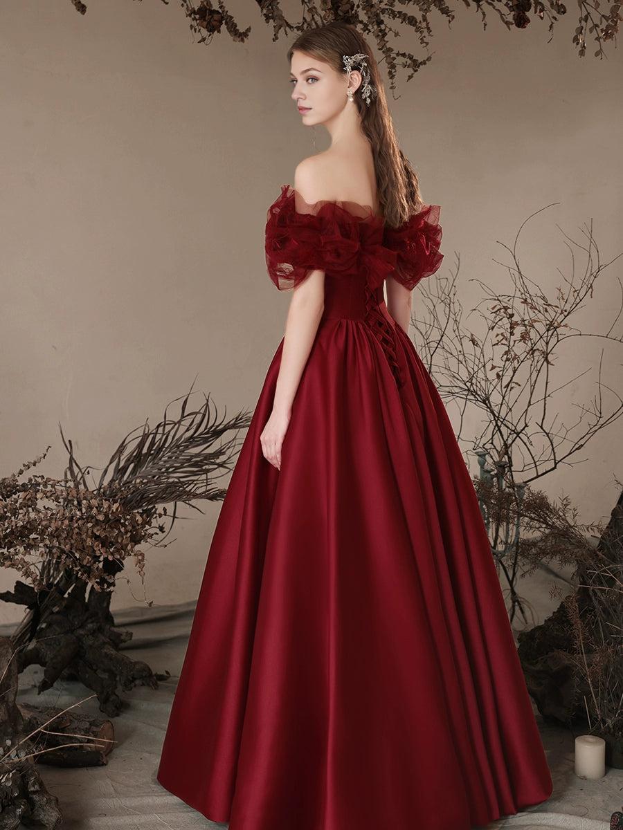 A-Line Off Shoulder Satin Burgundy Long Prom Dress Burgundy Long Formal Dress