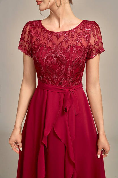 Burgundy Asymmetrical Sequin Mother of Bride Dress with Appliques