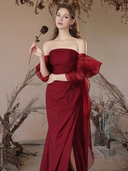 Simple Off Shoulder Satin Burgundy Long Prom Dress Burgundy Prom Dress