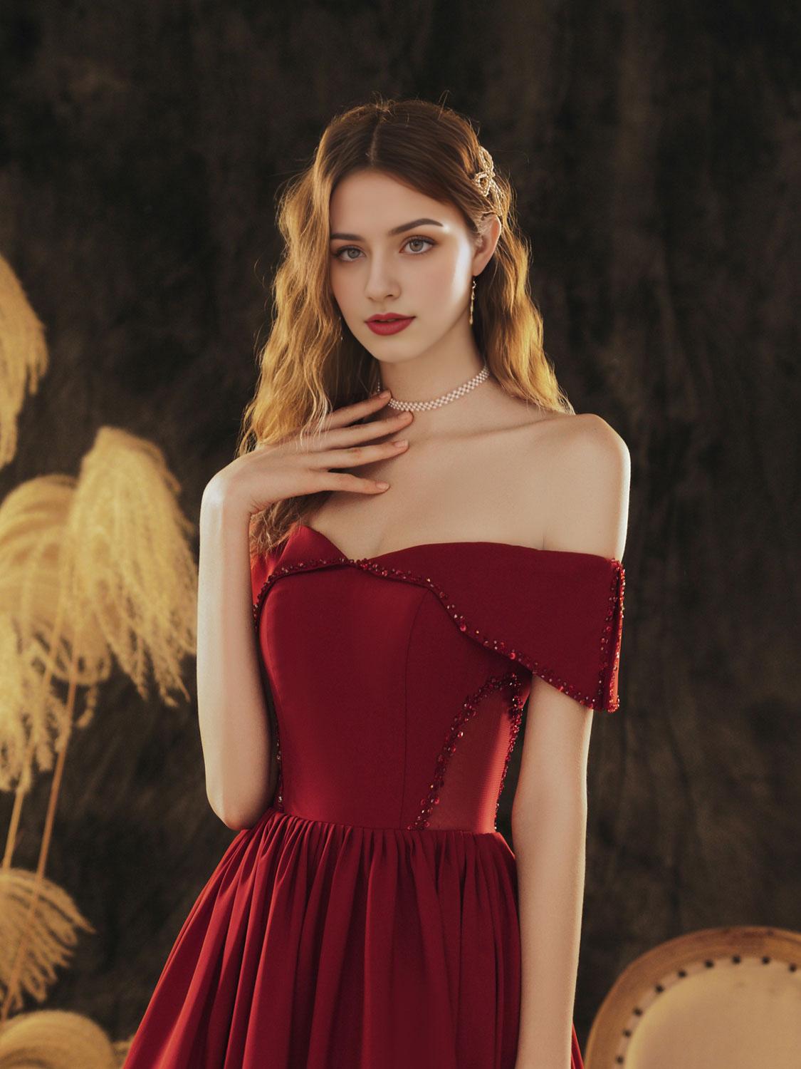 A-Line Off Shoulder Satin Burgundy Long Prom Dress Burgundy Formal Prom Dress