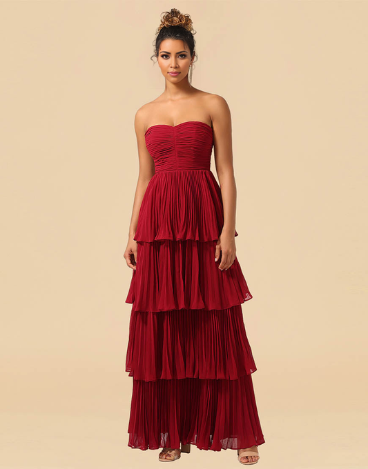 A-Line Burgundy Strapless Long Tiered Chiffon Bridesmaid Dress