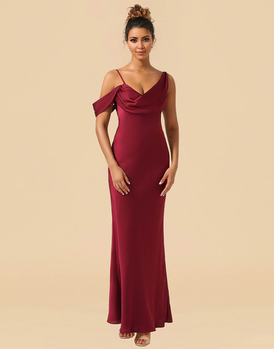 Asymmetrical Shoulder Straps Floor Length Satin Bridesmaid Dress
