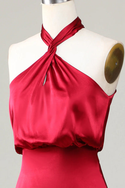 Halter Sleeveless Burgundy Bridesmaid Dress