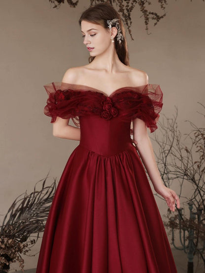 A-Line Off Shoulder Satin Burgundy Long Prom Dress Burgundy Long Formal Dress