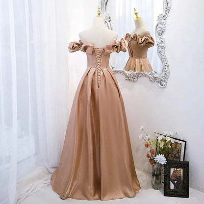 A-Line Off Shoulder Satin Champagne Long Prom Dress Champagne Formal EveningDress