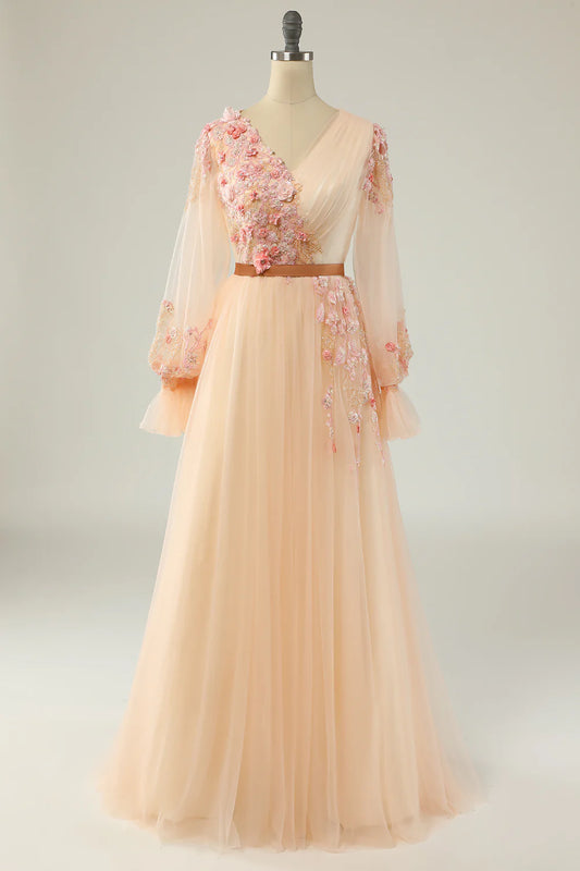 Elegant slim fit and sweet A-line V-neck apricot ball dress