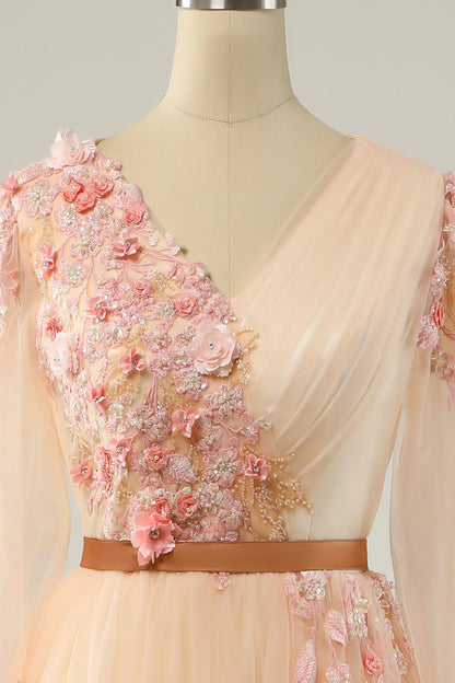 Elegant slim fit and sweet A-line V-neck apricot ball dress