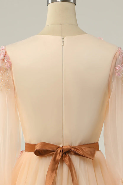 Elegant slim fit and sweet A-line V-neck apricot ball dress