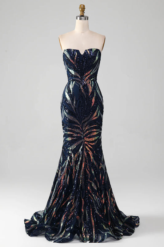 Sparkling Slim Fit Navy Blue Mermaid Sequin Long Ball Dress
