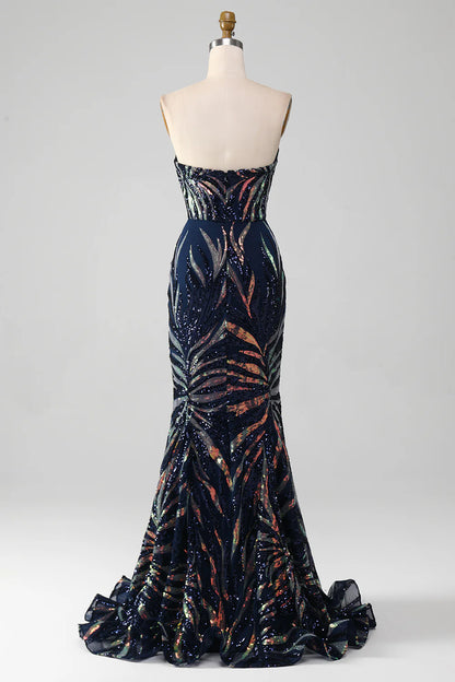 Sparkling Slim Fit Navy Blue Mermaid Sequin Long Ball Dress