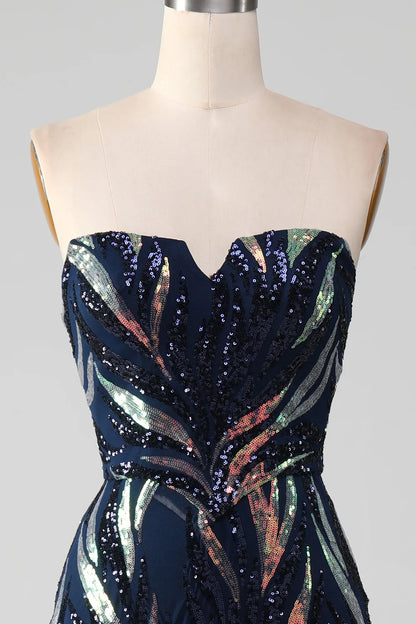 Sparkling Slim Fit Navy Blue Mermaid Sequin Long Ball Dress