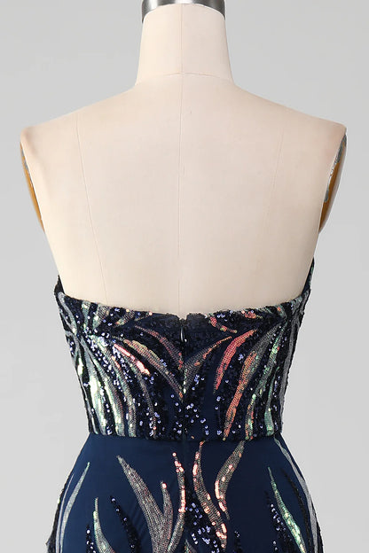 Sparkling Slim Fit Navy Blue Mermaid Sequin Long Ball Dress