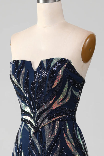 Sparkling Slim Fit Navy Blue Mermaid Sequin Long Ball Dress
