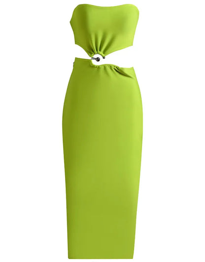 Fashionable and sexy strapless waist tied midi green cocktail dress