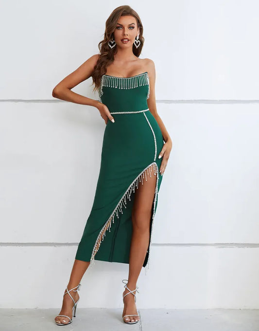 Dark green noble and elegant strapless tassel cocktail party dance party cocktail dress