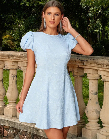 Elegant light blue fluffy sleeve keyhole back short party dress