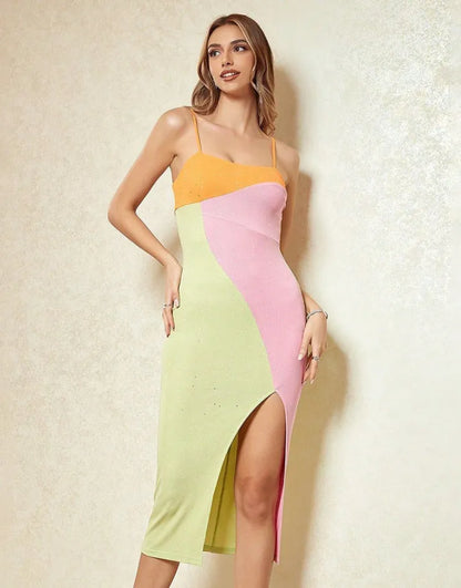 Colorful and Elegant Italian Noodle Strap Midi Party Dress Split