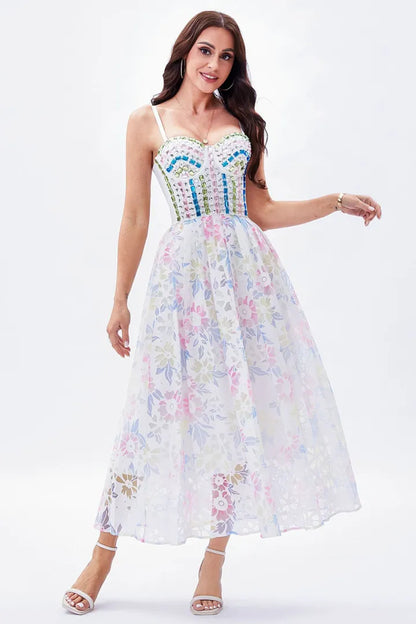 Bohemian A-line Italian Noodle Strap Tea Long Print Wine Party Dress