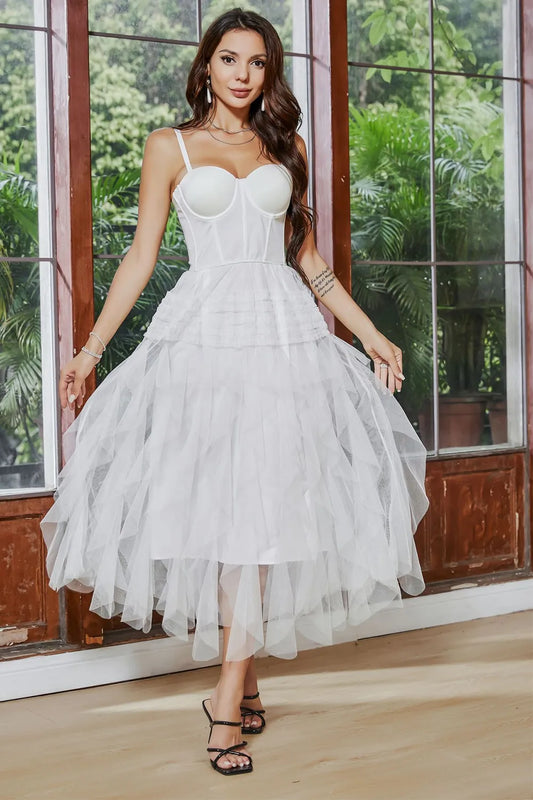 White Sweet A-line Italian Noodle Strap Tea Long Party Ball Dress