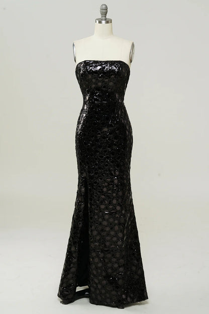 Black sexy strapless sequined mermaid dance dress