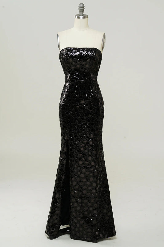 Black sexy strapless sequined mermaid dance dress