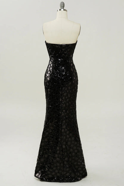 Black sexy strapless sequined mermaid dance dress