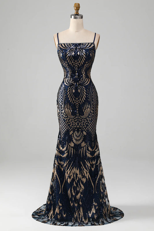 Sparkling navy blue spaghetti strap mermaid dance dress